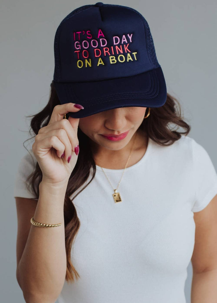 Navy Drink On A Boat Trucker Hat