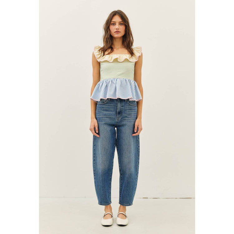 Color Block Stripe Ruffle Top