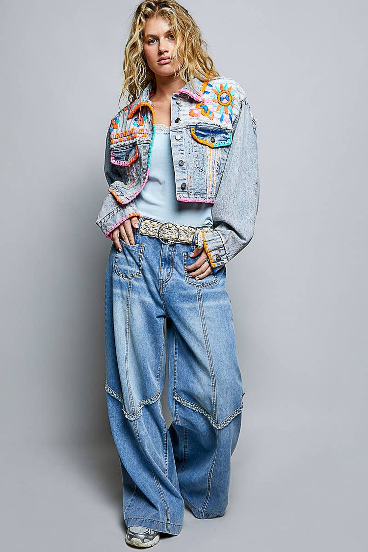 Embroidered Beaded Stripe Panel Cropped Denim Jacket