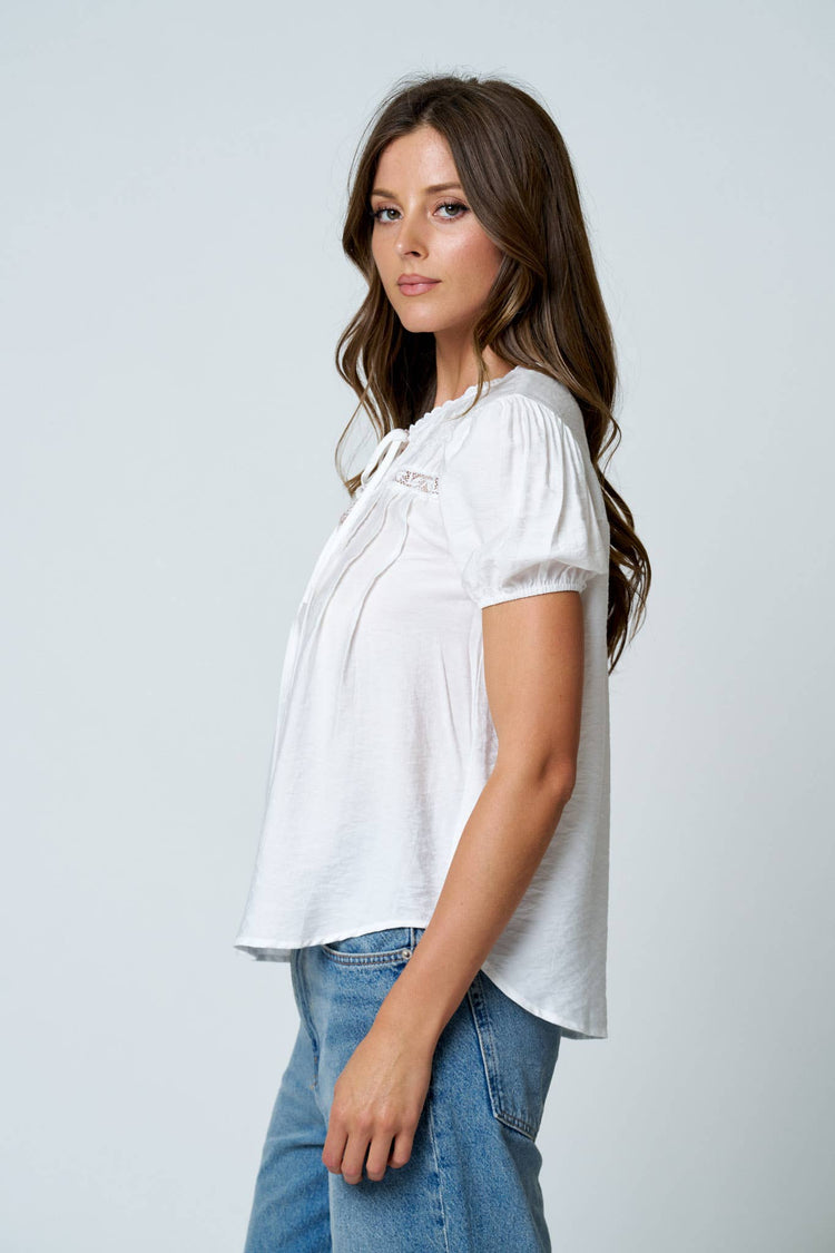 EMBROIDERED YOKE LACE TRIM PINTUCK DETAIL TOP