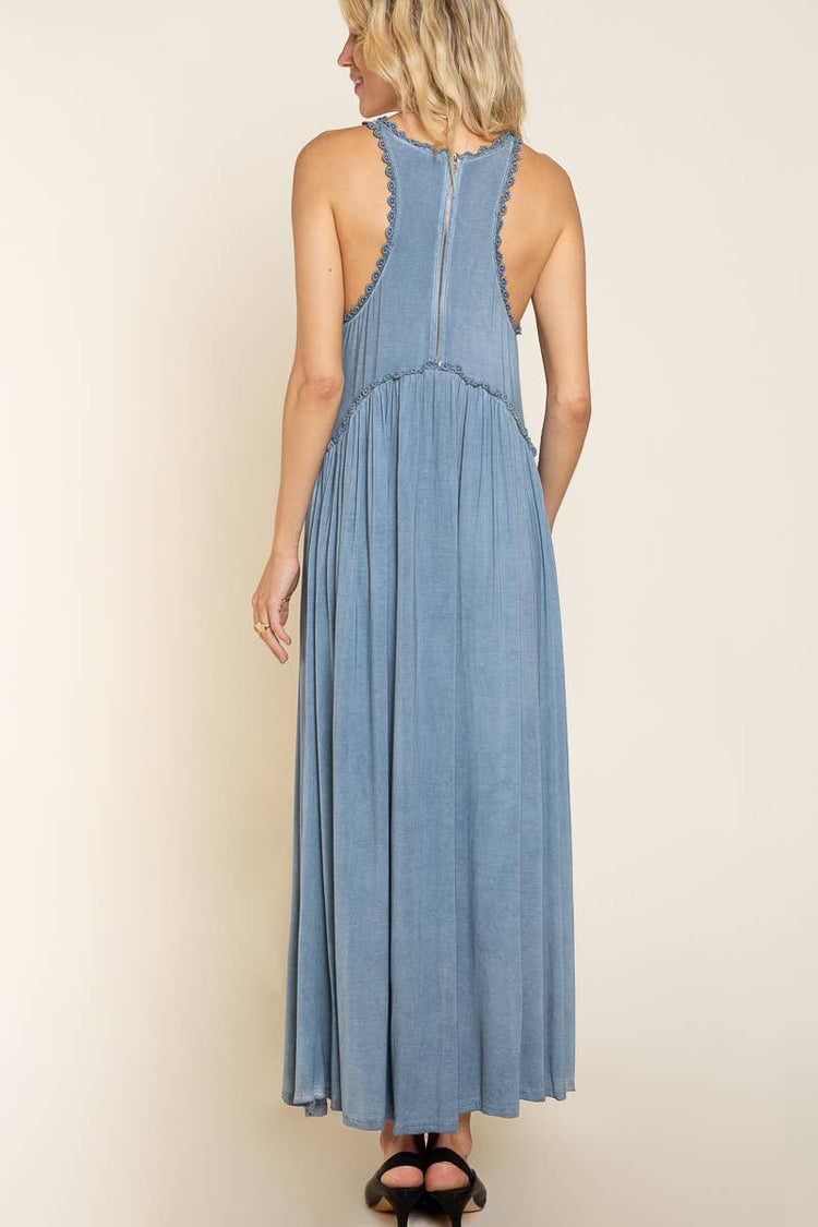 Sleeveless racerback back zipper front slit knit maxi dress