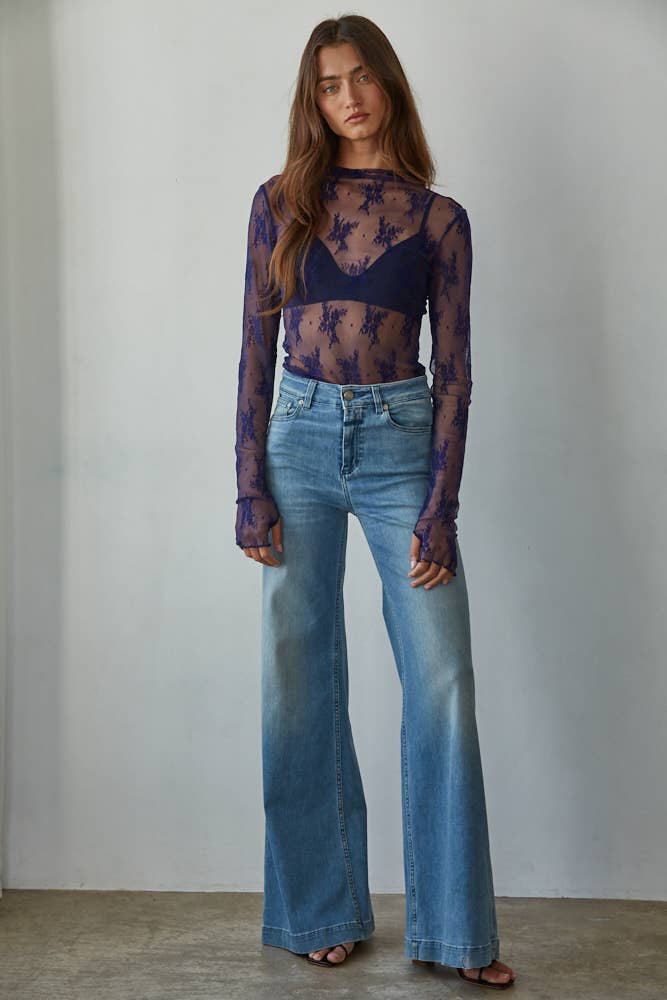 Knit Jacquard Lace Long Sleeve Mock Neck Top