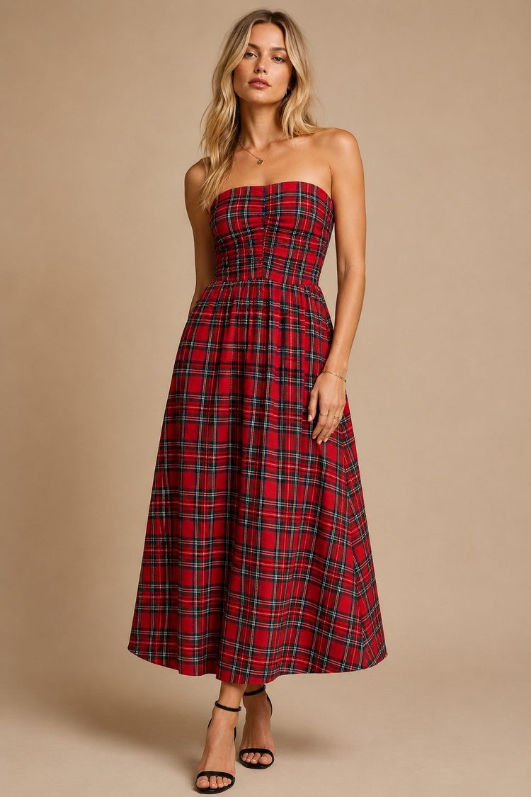 Strapless Tartan Plaid Ruched Midi Dress