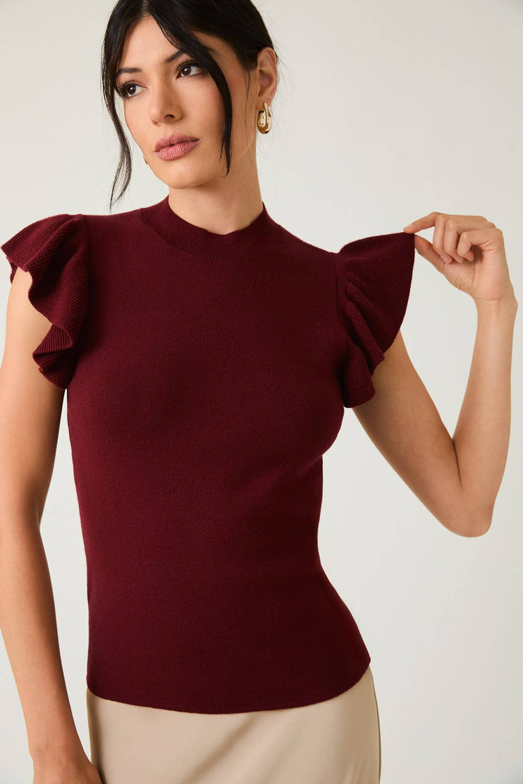 MOCK NECK RUFFLE SLEEVE KNIT TOP