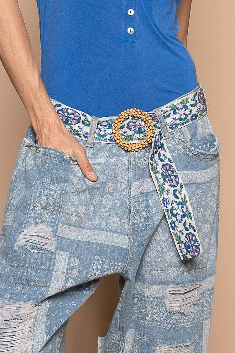 Blue floral print circular buckle belt