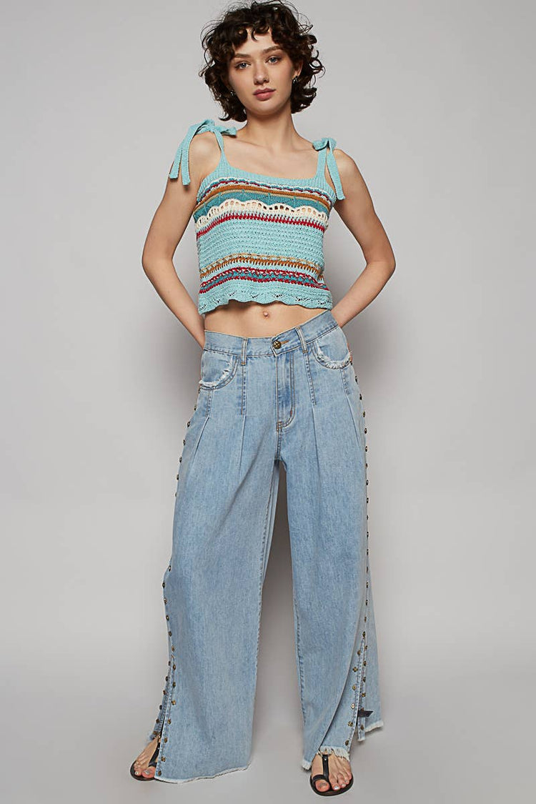 Solid stud detail twill wide woven pants