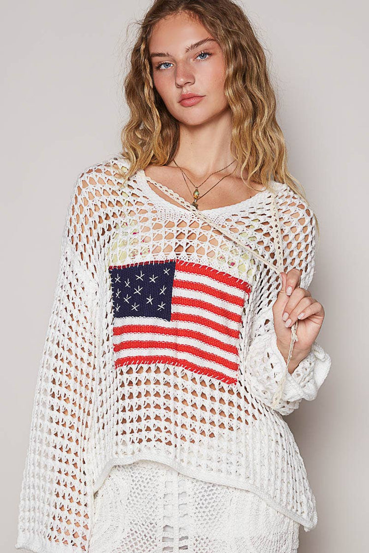 Long sleeve American flag hoodie thin sweater top
