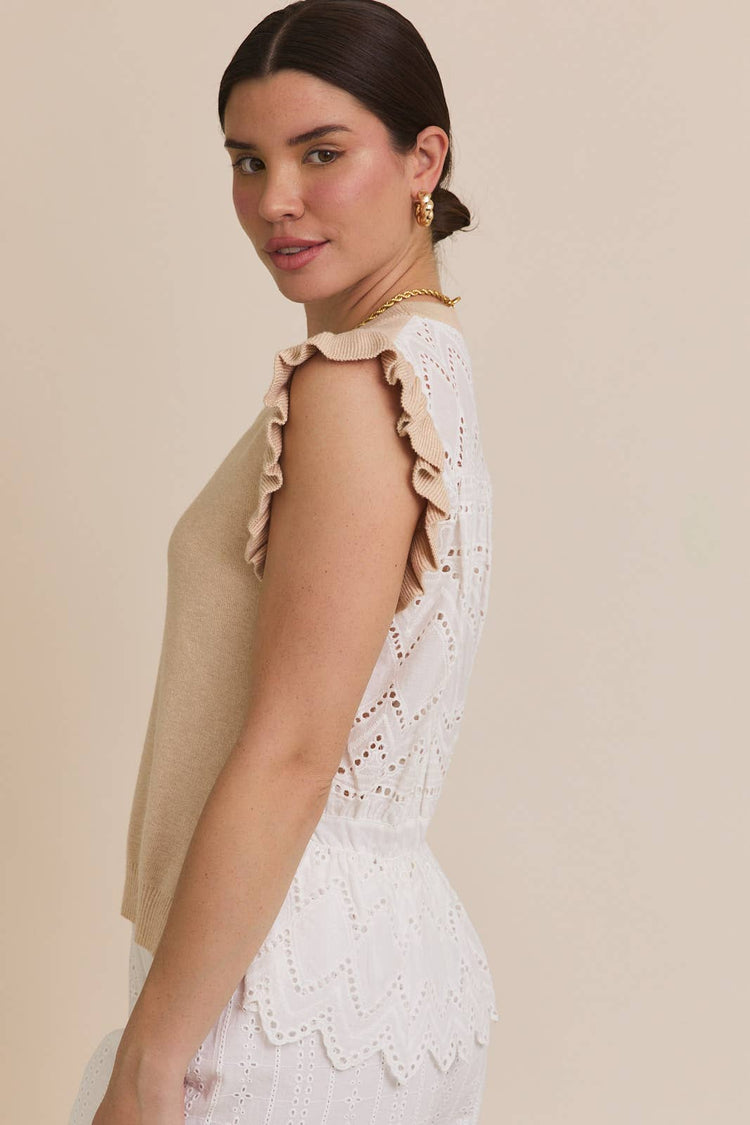 ROUND NECK RUFFLE SLEEVE WOVEN & KNIT MIX TOP