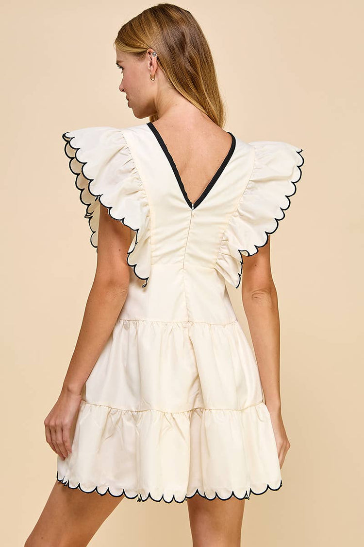 V Neckline Bow Detail Scalloped Dress
