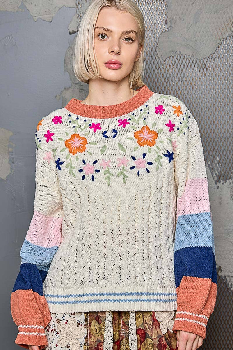 Color block pattern floral embroidered chenille sweater top