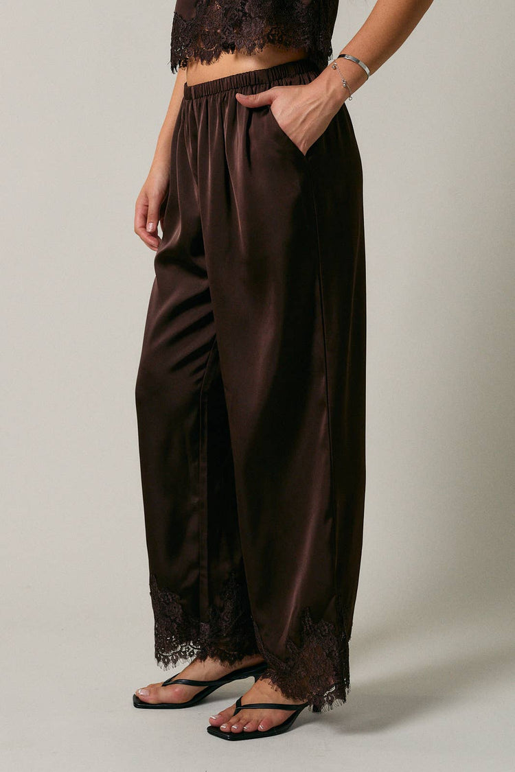 ELASTIC WAIST LACE TRIM WIDE LEG PANTS
