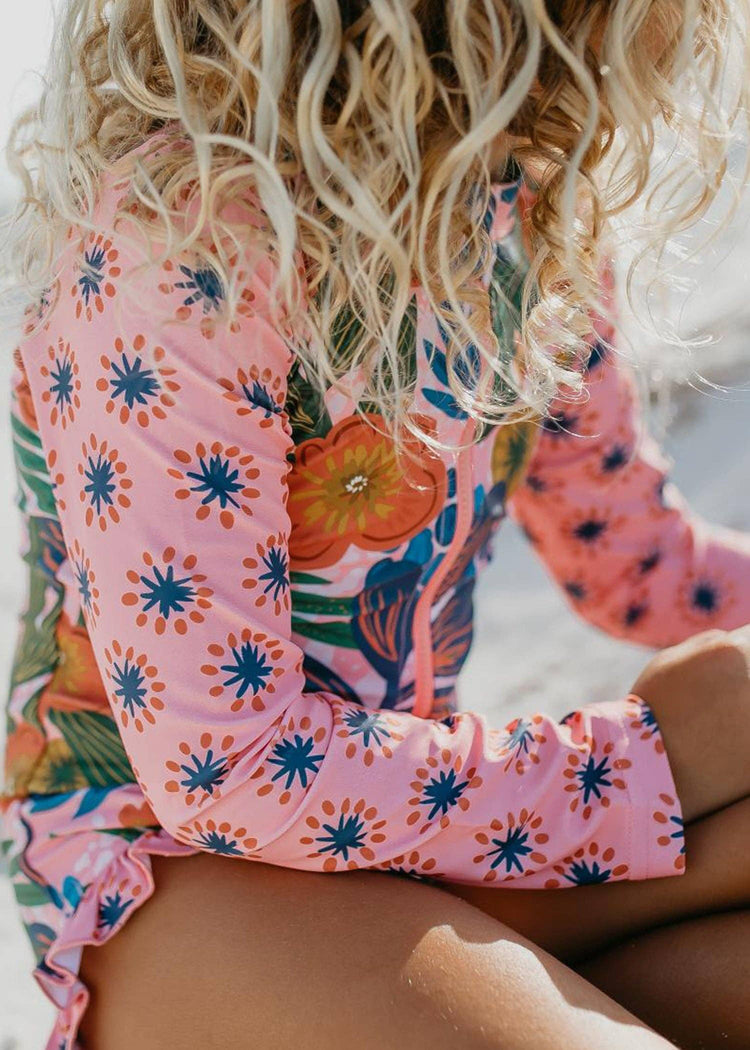 Kids Pink Tropical Zip Rash Guard One Piece Swimsuit