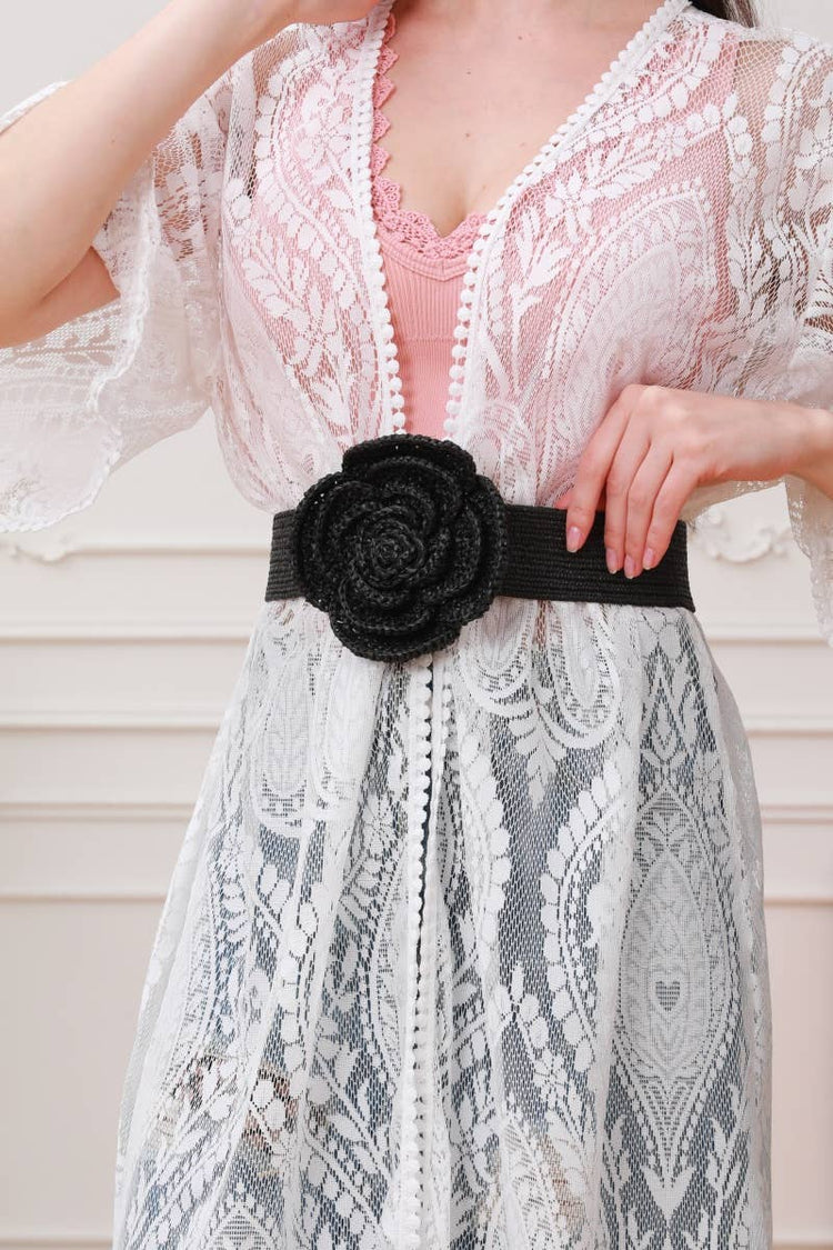 Raffia Flower Buckle Elastic Belt