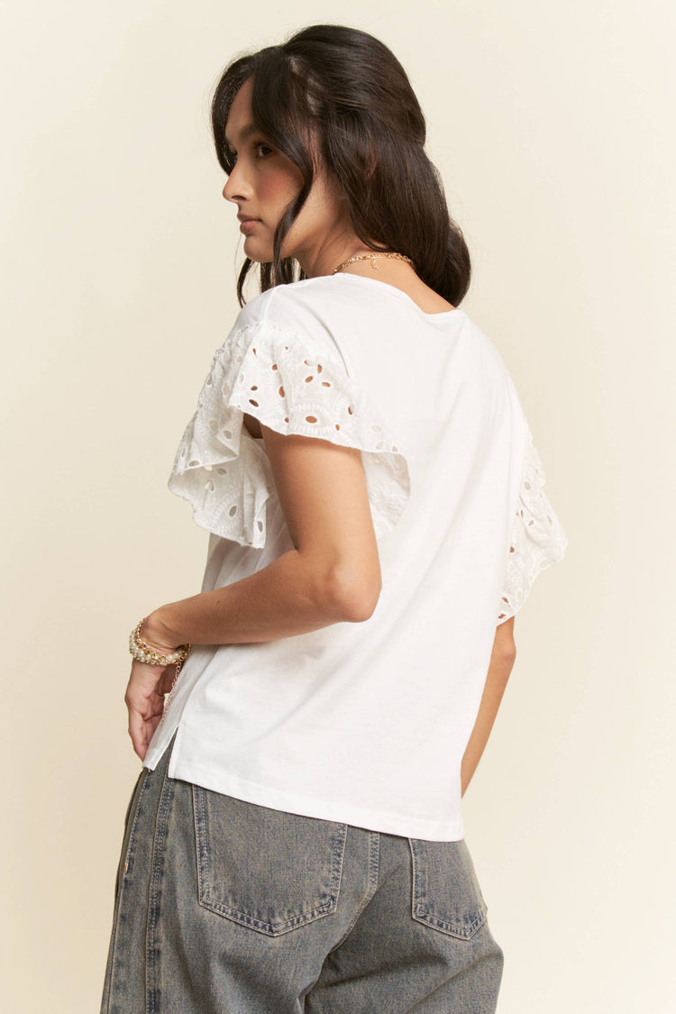 SOLID LACE ROUND NECK SHORT LACE SLEEVE TOP