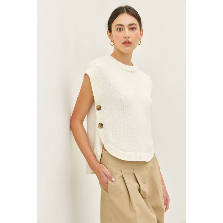 ROUND NECK HI-LO SWEATER VEST WITH SIDE BUTTONS