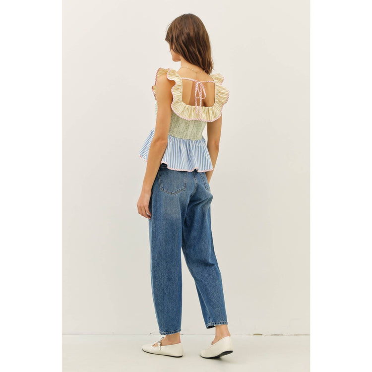 Color Block Stripe Ruffle Top