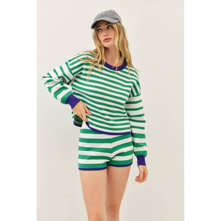 SOFT STRIPE MIXED SWEATER TOP AND SHORTS