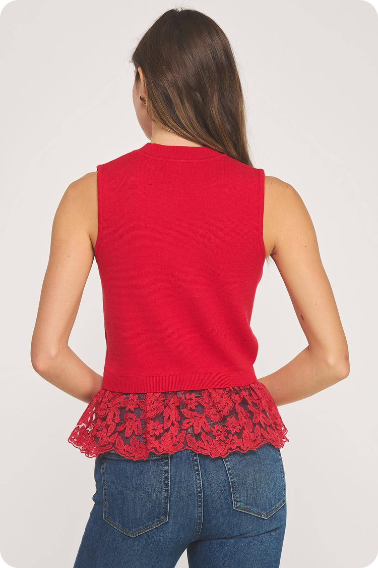 Lace Contrast Mock Neck Sleeveless Knit Top