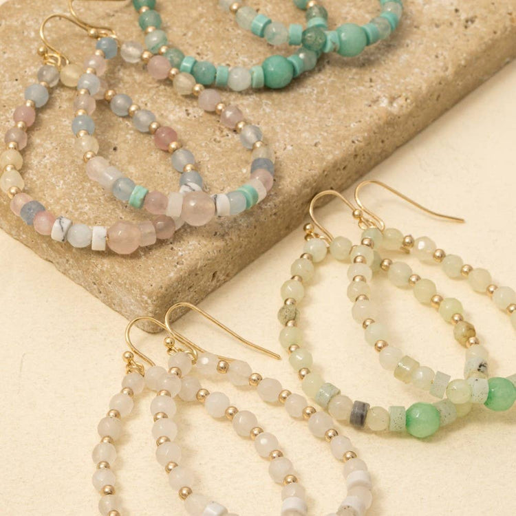 Semi Precious Stone And Metallic Beaded Tear Dangle Earrings