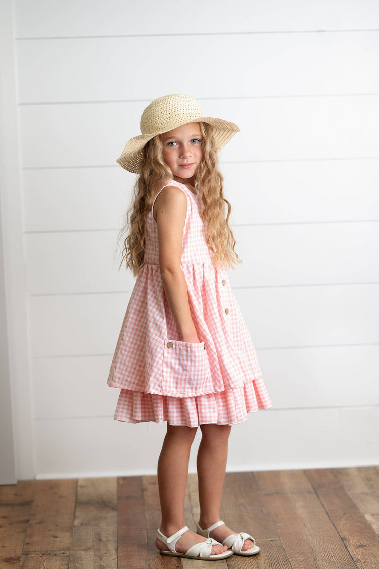 Girls Pink & White Gingham Check Pocket Ruffle Spring Dress