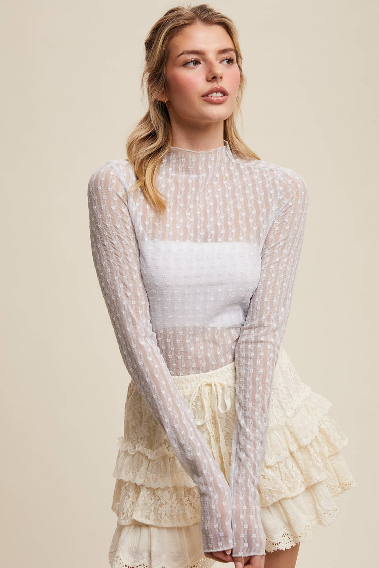 Semi Sheer Textured Lace Long-Sleeve Layering Top