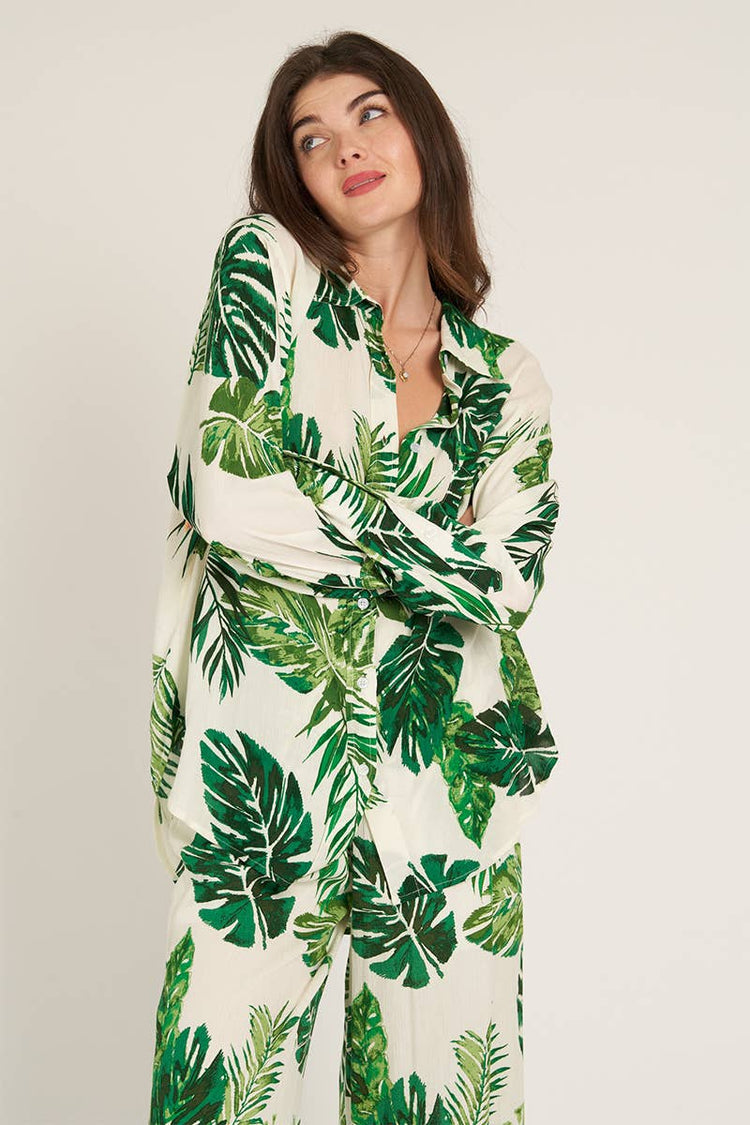 Leaf Print Long Sleeve Button Down Shirt