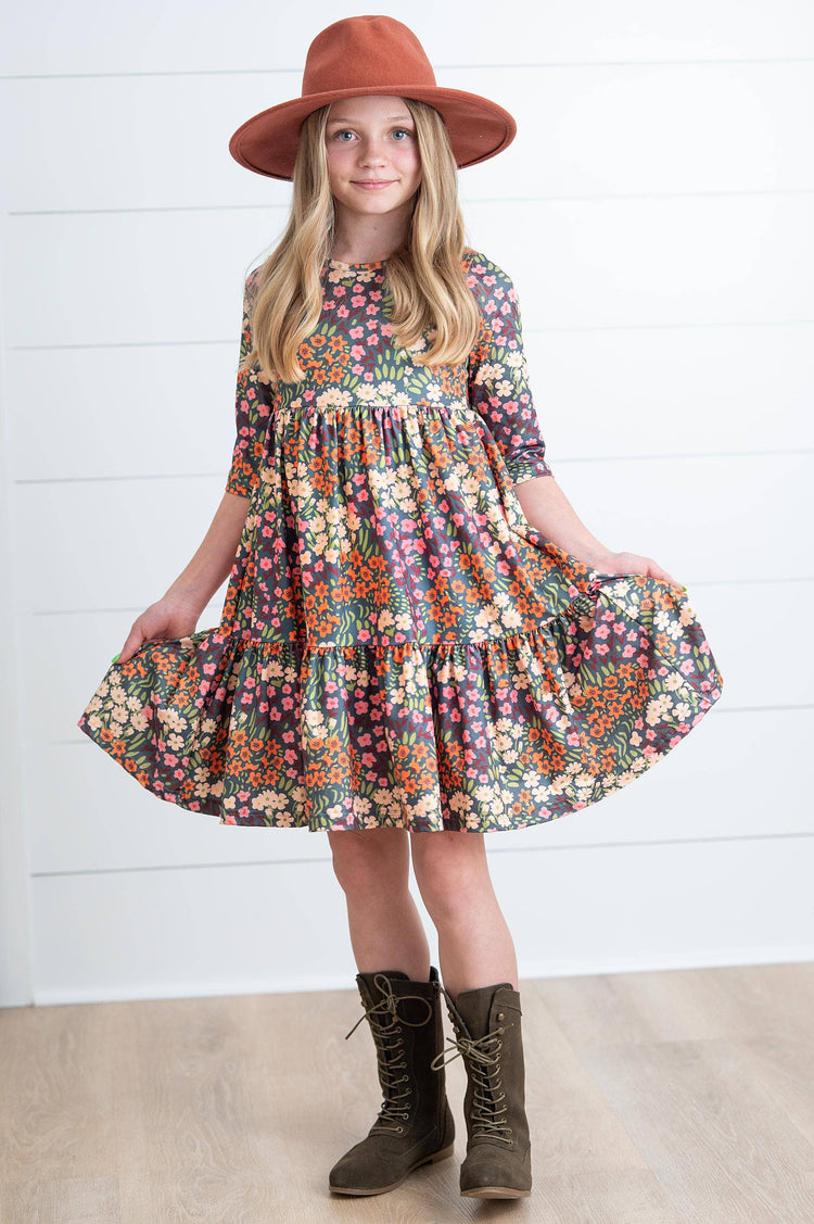 Girls Emma Rust Fall Flower Fields Tiered Twirl Dress