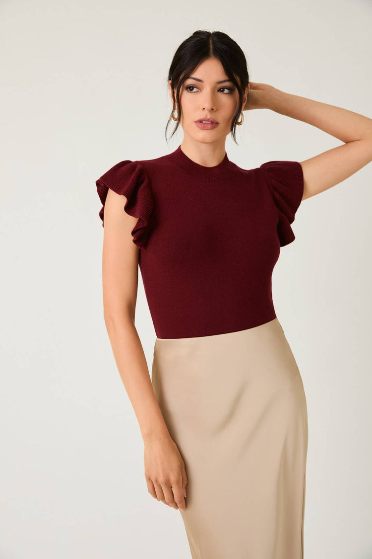 MOCK NECK RUFFLE SLEEVE KNIT TOP