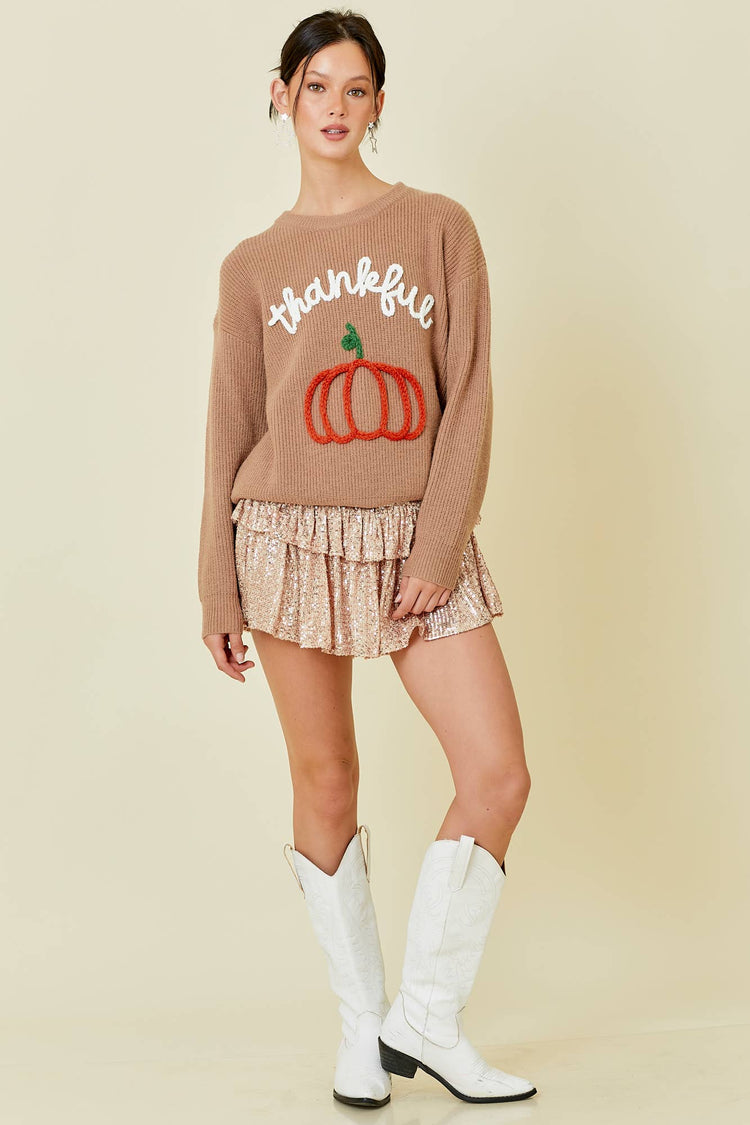 Thankful Pumpkin Embroidered Sweater