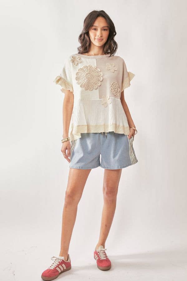 SWEATER TEXTURED FABRIC RUFFLE DETAIL TOP