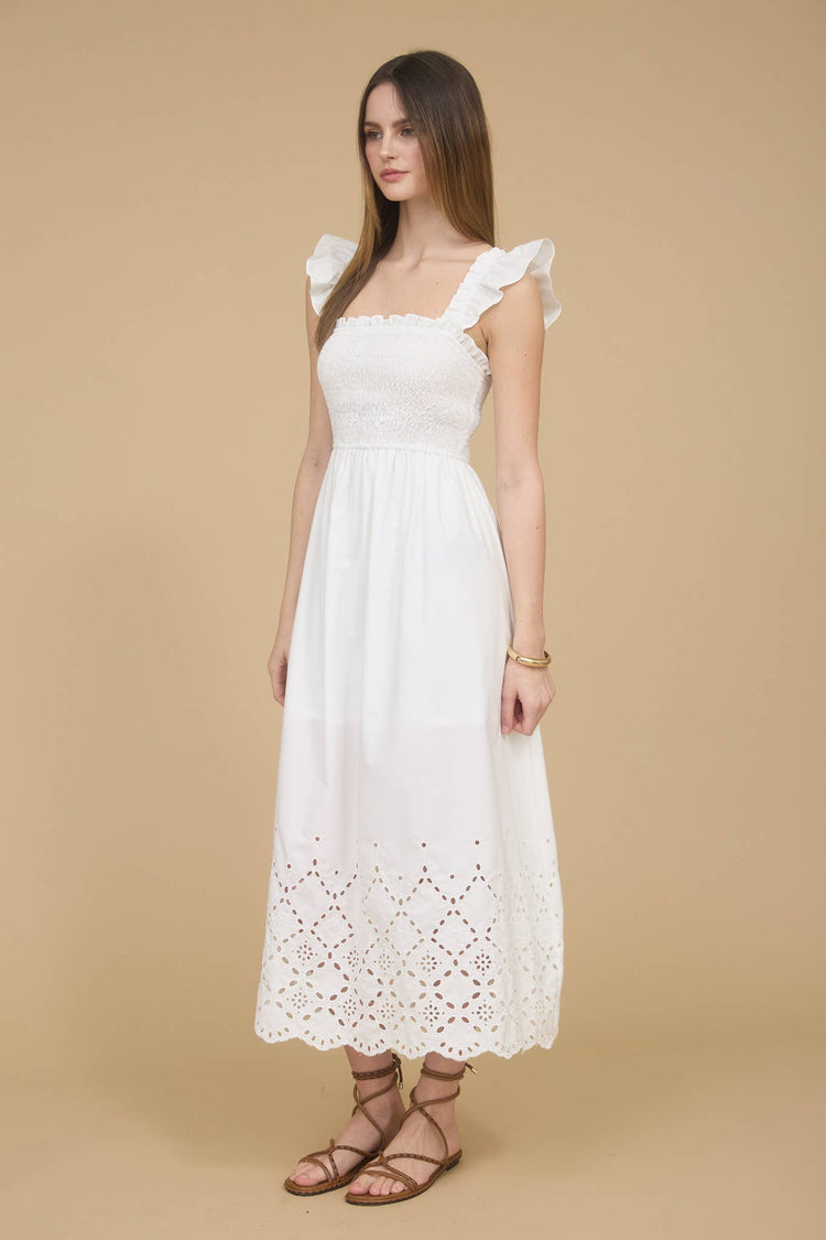SMOCKED RUFFLE SLEEVE EYELET HEM MIDI DRESS