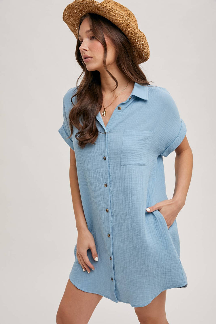 Button Up Shirt Dress With Pockets