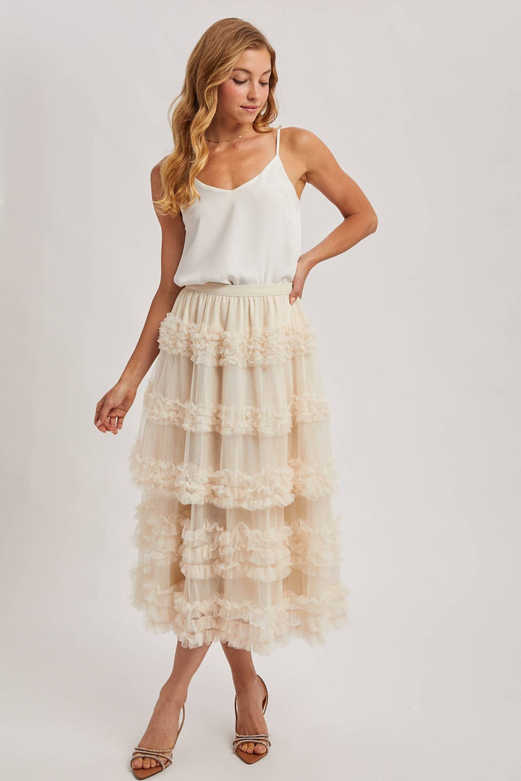 ROMANTIC RUFFLE TIERED TULLE MIDI SKIRT