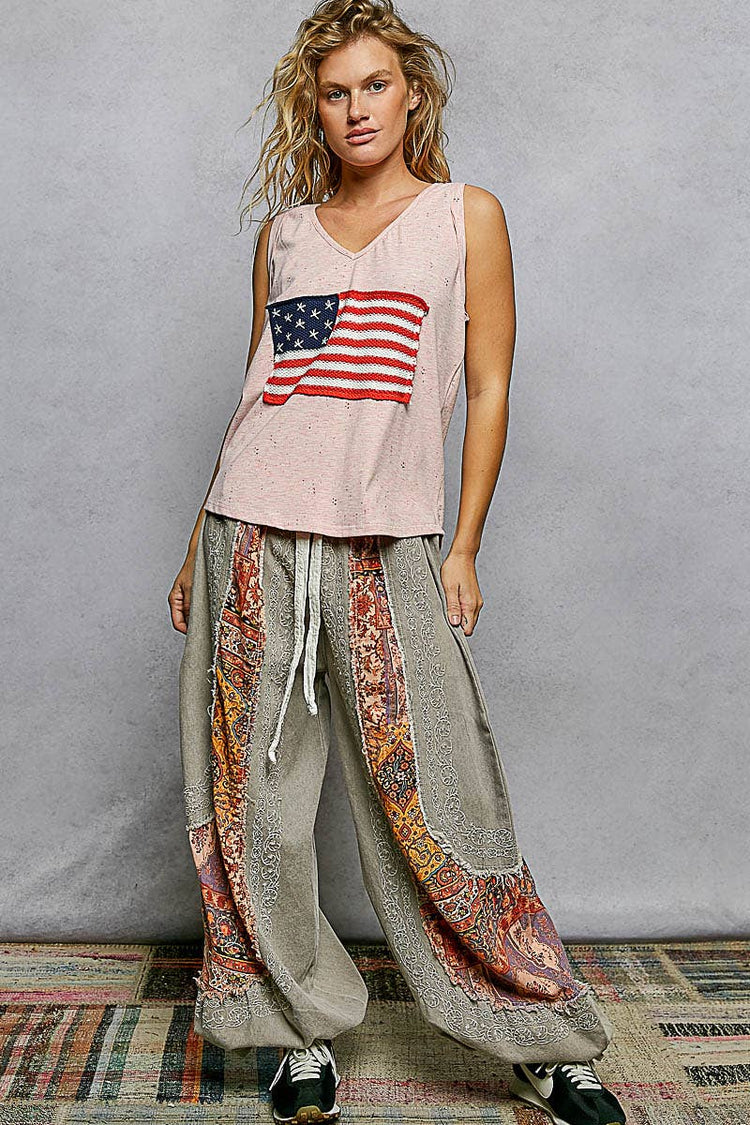 Handmade American Flag Patch Rib V-Neck Sleeveless Top