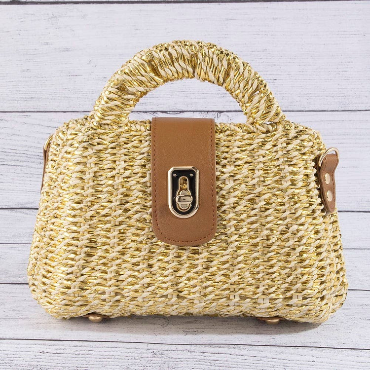 Woven Straw Turn Lock Top Handle Handbag