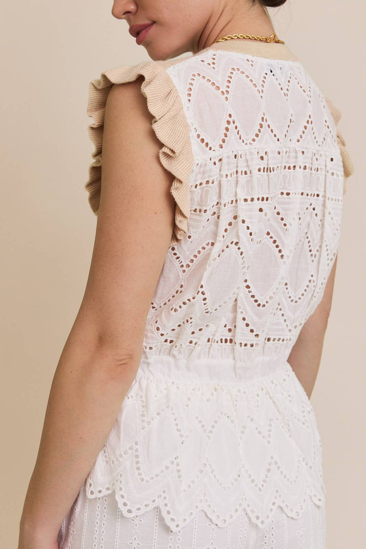 ROUND NECK RUFFLE SLEEVE WOVEN & KNIT MIX TOP