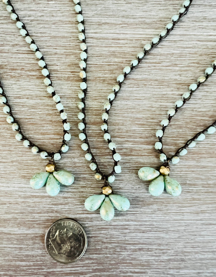Triple Mint Drop Necklace With Knotted Crystal