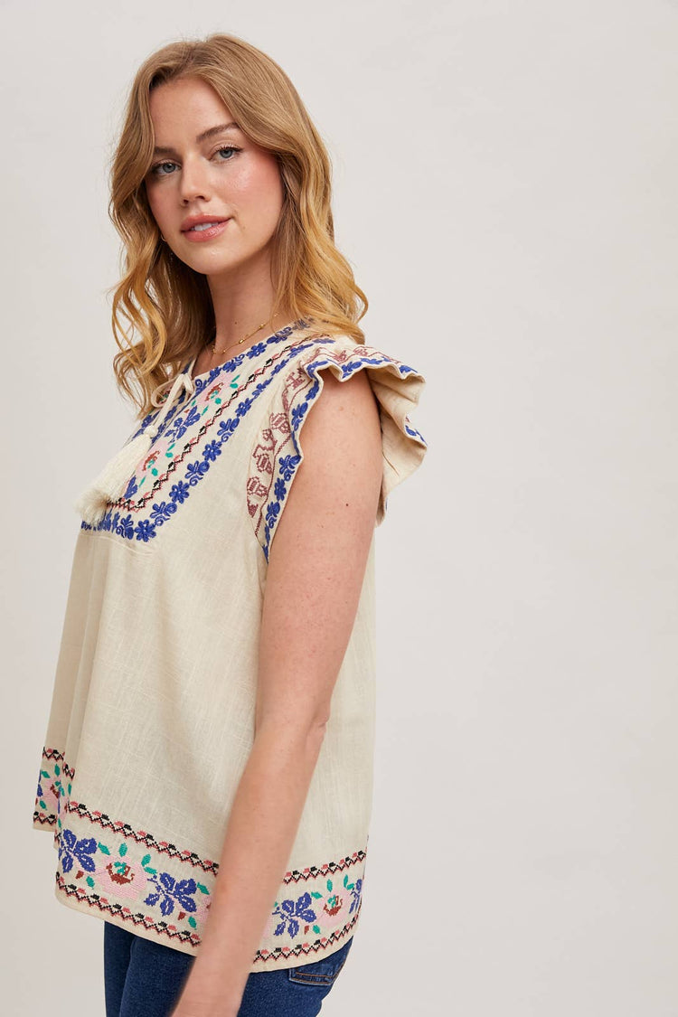 BOHO EMBROIDERED RUFFLED SLEEVE DRAWSTRING TOP