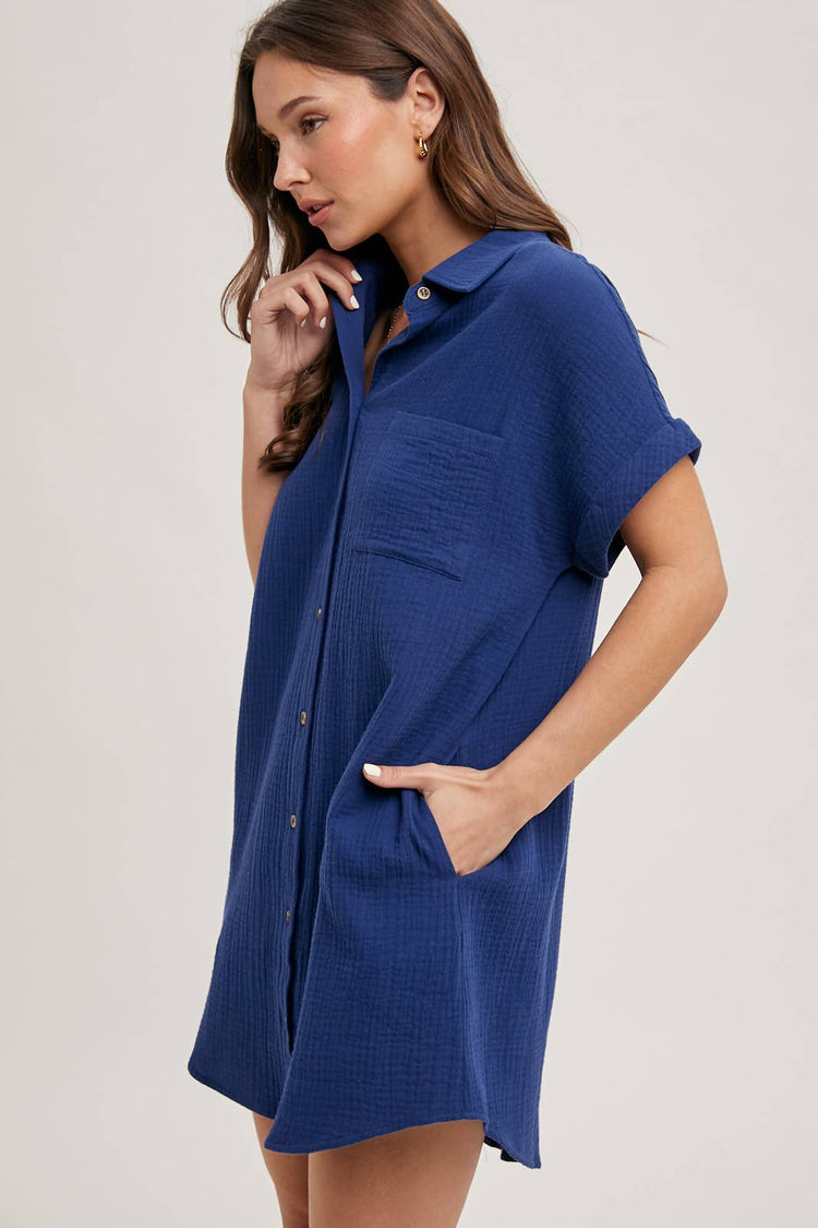 Button Up Shirt Dress With Pockets