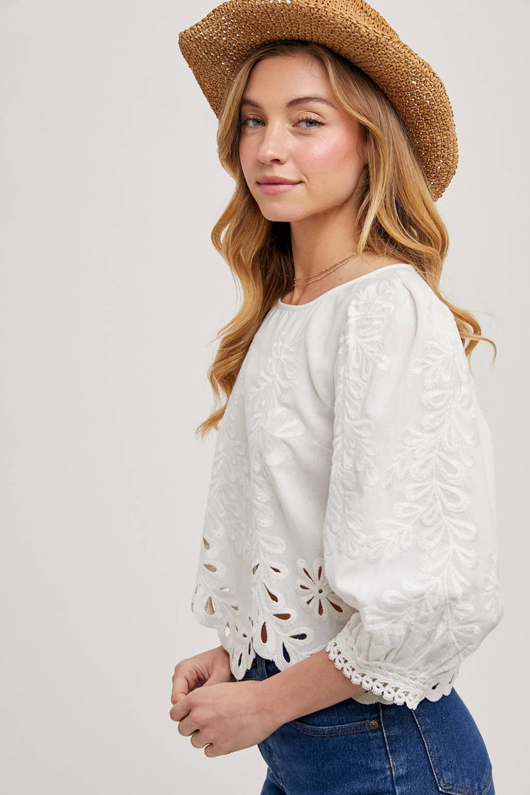 LACE CUTOUTS BOTTOM HEM BUBBLE SLEEVED TOP