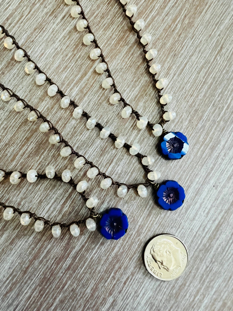 Peach Opal Crystal Necklace With Cobalt Glass Flower Pendant