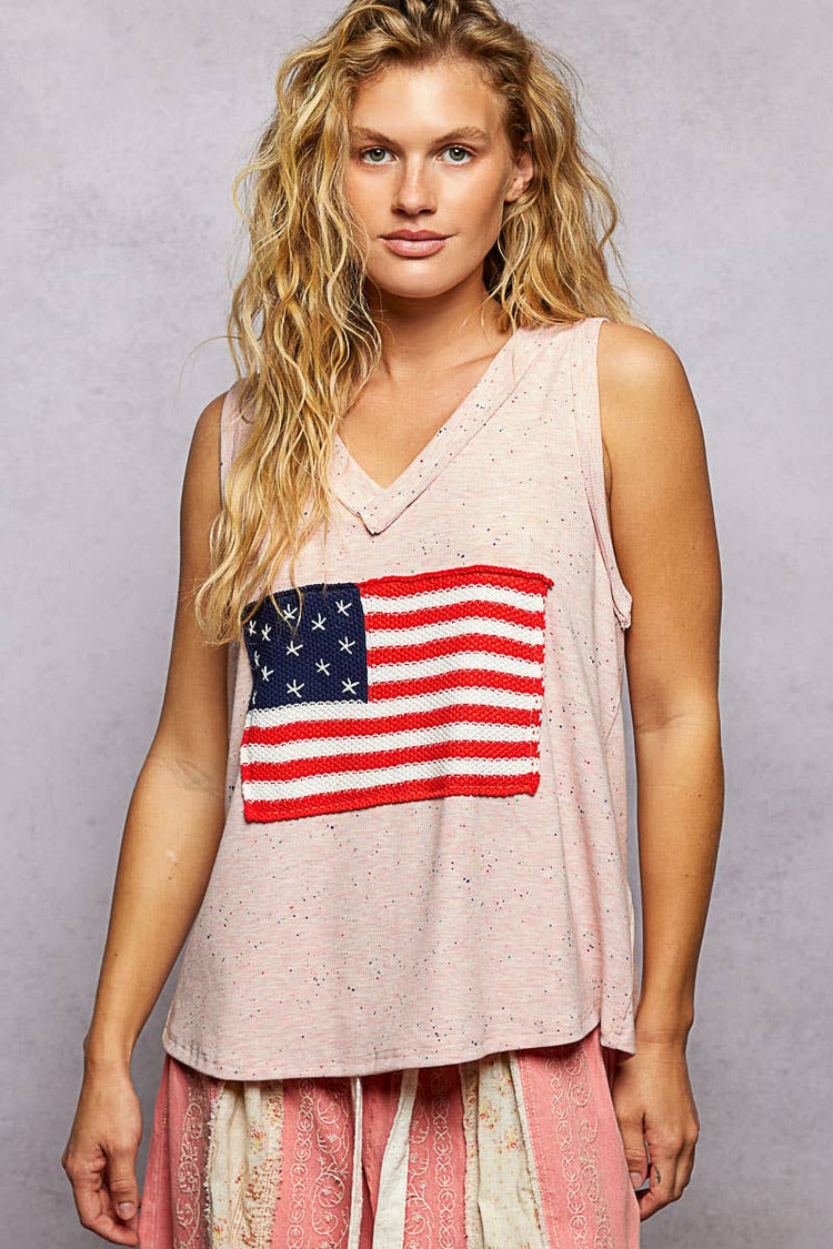 Handmade American Flag Patch Rib V-Neck Sleeveless Top