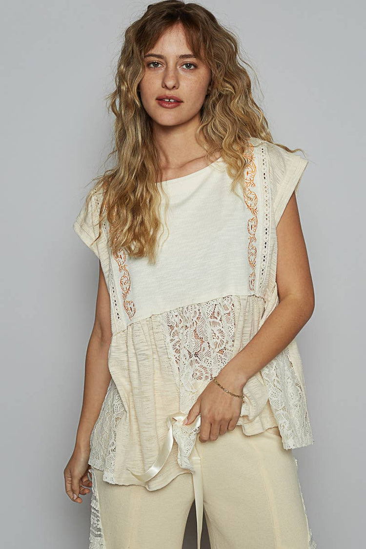 Boat neck solid embroidery textured knit top