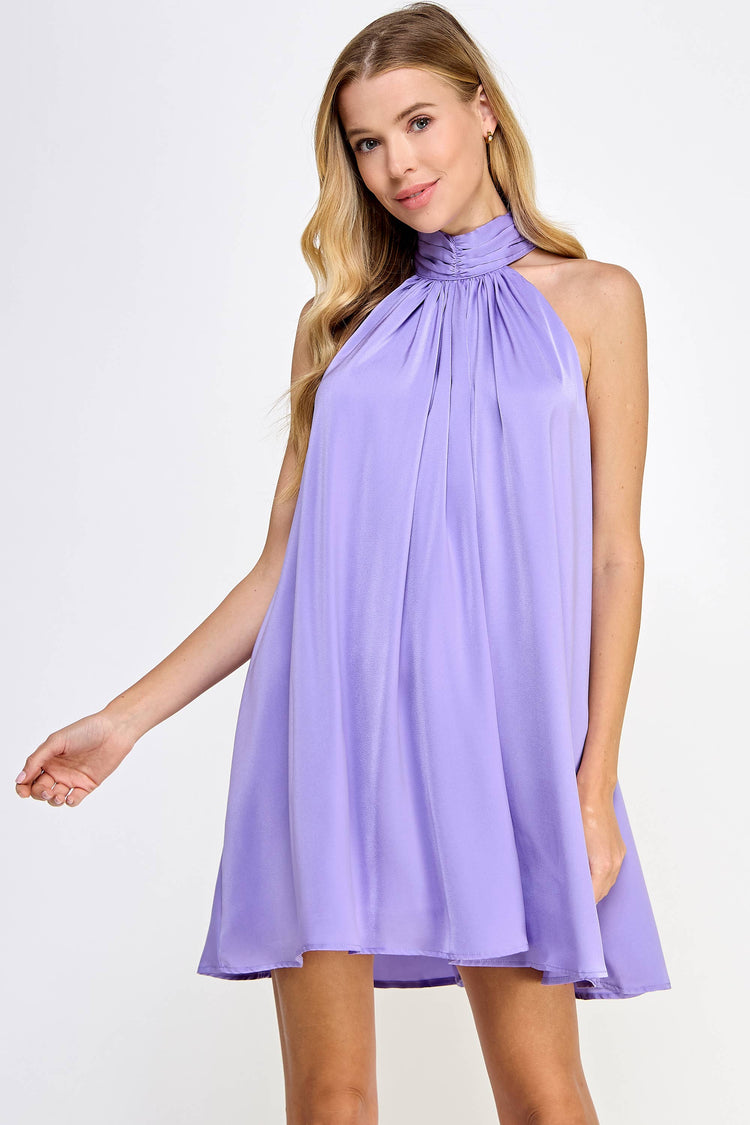 Mock Neck Halter Satin Mini Dress