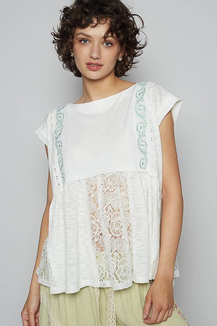 Boat neck solid embroidery textured knit top