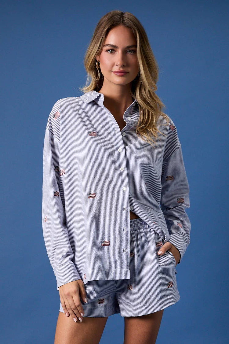 STRIPE FLAG EMBRO OVERSIZED BUTTON DOWN SHIRT