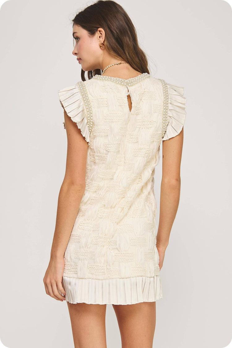 Pearl Trim Detail Textured Mini Dress