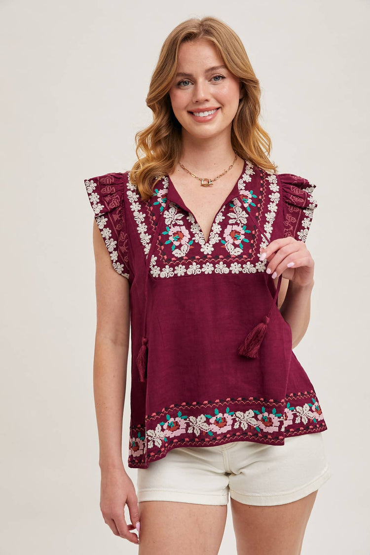 BOHO EMBROIDERED RUFFLED SLEEVE DRAWSTRING TOP