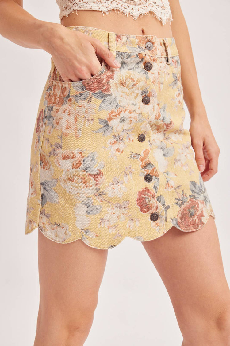 VINTAGE FLORAL PRINT BUTTON DOWN SCALLOPED HEM MINI SKIRT