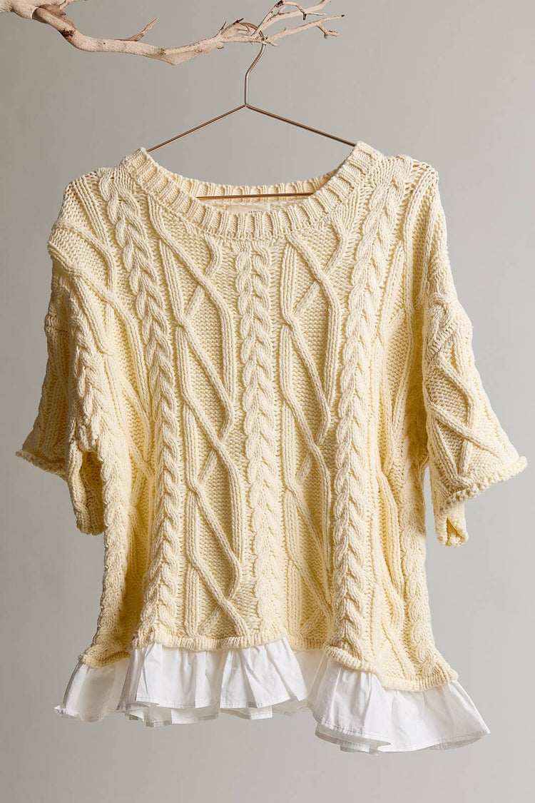 CABLE 3/4" SLEEVE KNIT WITH RUFFLE DETAIL